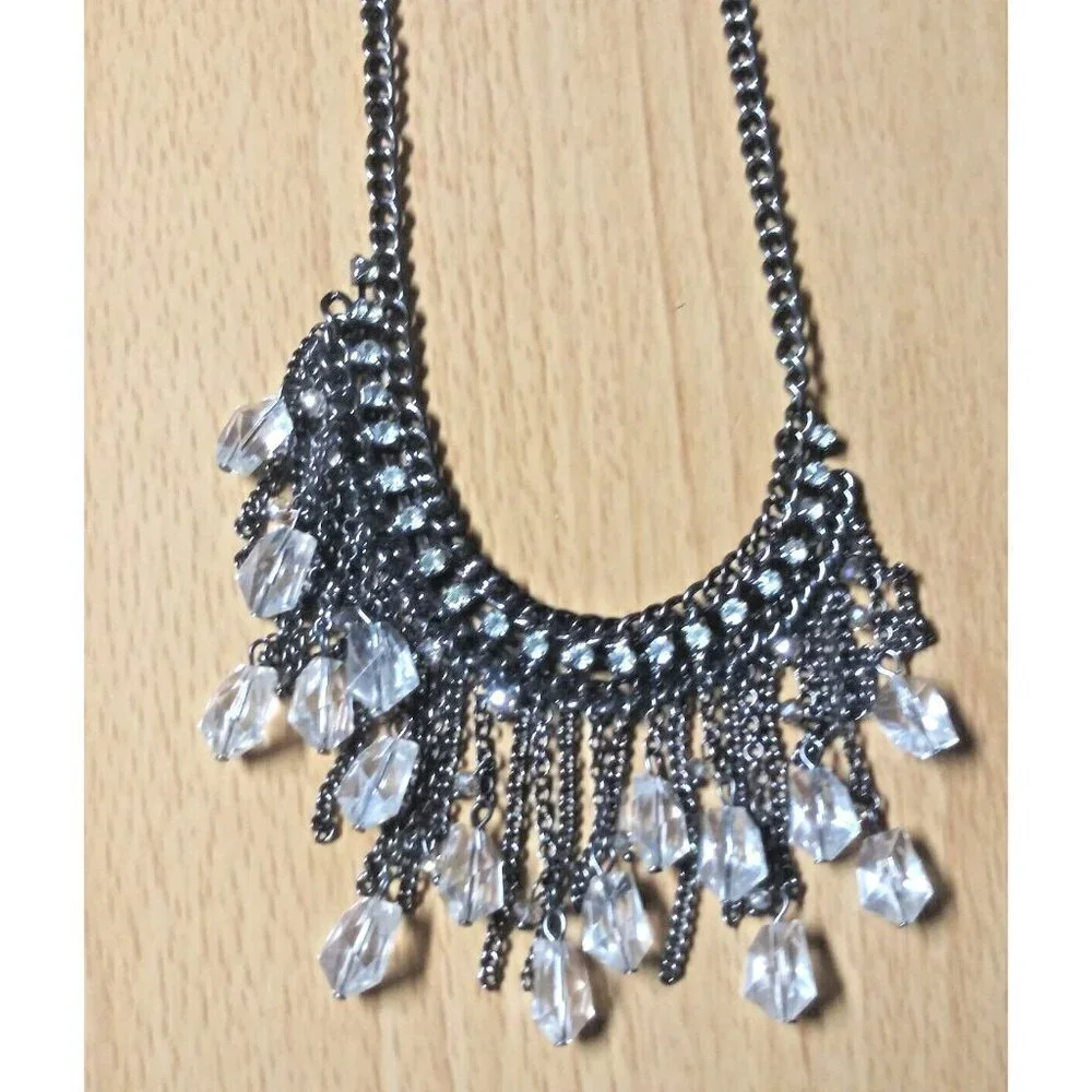 Flapper Tassel Fringe Necklace Choker oxidized gray with clear rhinestones EUC